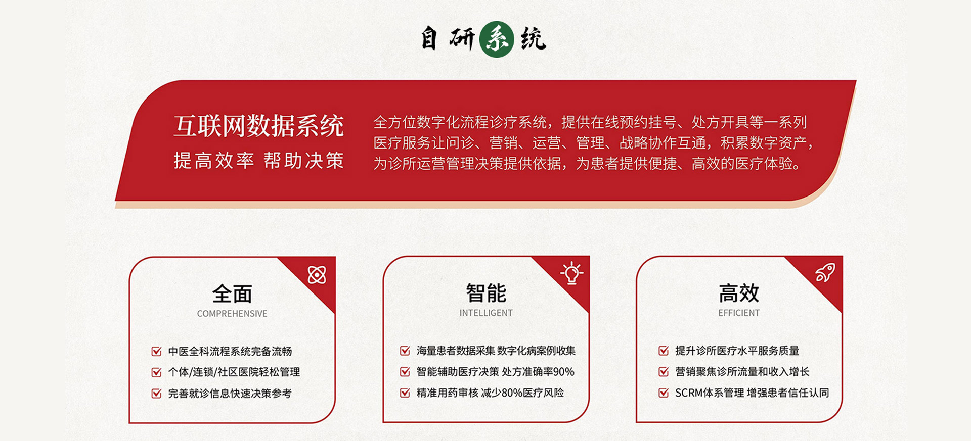 理瀹岐黄拥有一套自研系统 —— 互联网数据系统是一套全方位数字化流程诊疗系统，提供在线预约挂号、处方开具等医疗服务，实现问诊、营销、运营、管理、战略协作互通，积累数字资产，为诊所运营管理决策提供依据，为患者提供便捷高效的医疗体验，具备全面、智能、高效三大核心优势：全面方面，中医全科流程系统完备流畅，可轻松管理个体 / 连锁 / 社区医院，完善就诊信息提供快速决策参考；智能方面，可采集海量患者数据并完成数字化病案收集，智能辅助医疗决策使处方准确率达 90%，精准用药审核可减少 80% 医疗风险；高效方面，能提升诊所医疗水平与服务质量，营销聚焦流量和收入增长，通过 SCRM 体系管理增强患者信任认同。